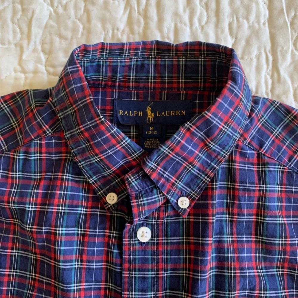 Ralph Lauren M (10-12) Button Down Shirt Blue Red Plaid Cotton Long Sleeve Pony